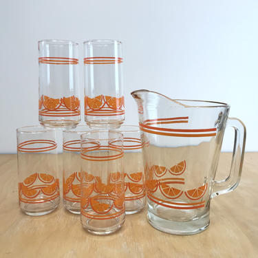 Vintage Orange Juice Beverage Set, 6 Tall Tumbler Glasses and Pitcher, Retro Informal Tableware 