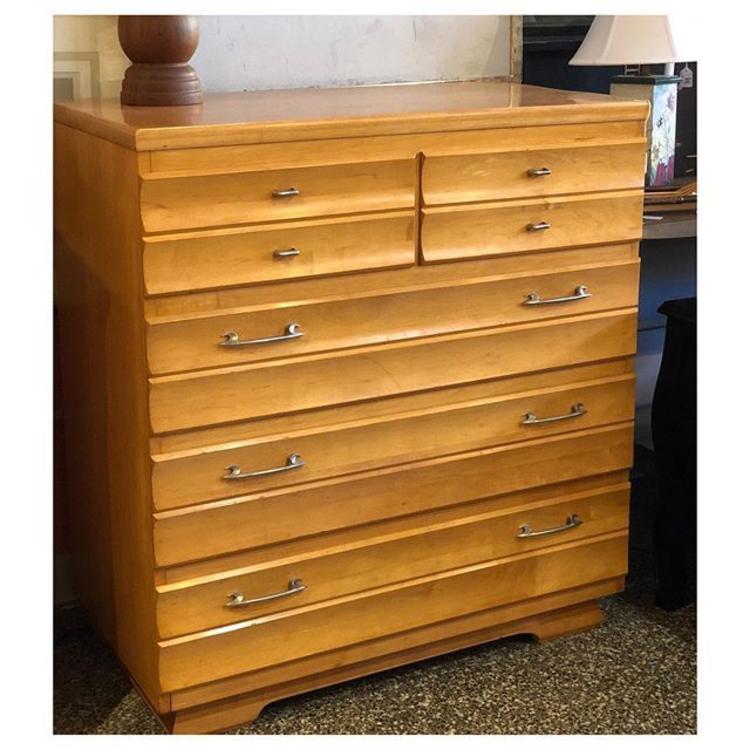 MCM blonde wood chest (5 drawers) 38” w x 20” s x 41.5” h