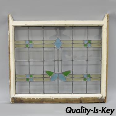 Antique Stained Glass Window Architectural Salvage Blue Yellow Green 31 x 34.5