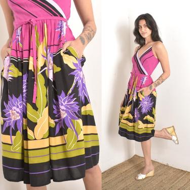 Vintage 1970s Dress / 70s Rizkallah Tropical Floral Sundress / Black Pink Green (small S ) 
