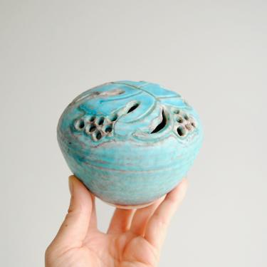 Vintage Flower Frog, Handmade Ceramic Flower Frog Orb Vase in Turquoise with Leaf Design 