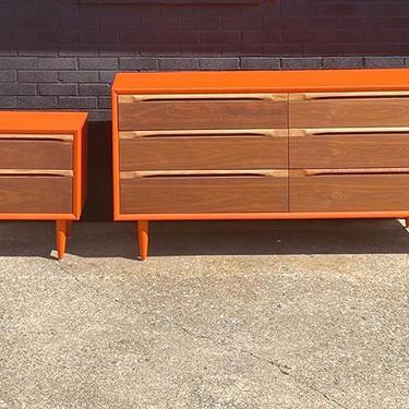 MCM clementine dresser and nightstand with two tone drawer fronts. 