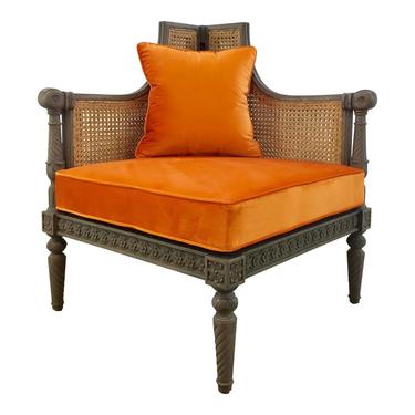French Style Cane Back Orange Velvet Corner Chair