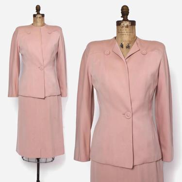 Vintage 40s Pink Wool Suit / 1940s Tailored Gabardine Blazer Jacket Pencil Skirt 