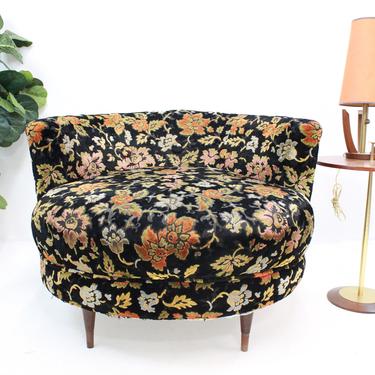Mid Century Modern round upholstered chair in floral upholstery bohemian 