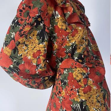vintage floral print ruffle neck blouse xxl 