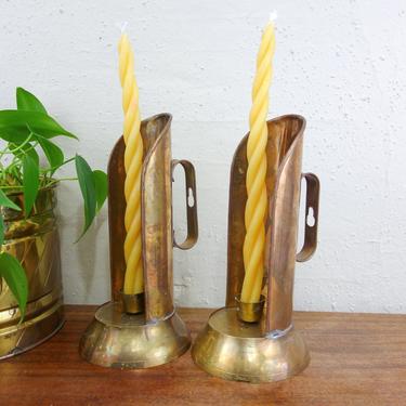 Vintage set of 2 brass taper candle holder with handle and large wind screen, tall metal toleware light reflecting wall sconce made in India 