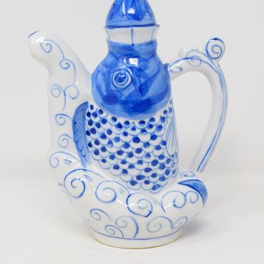 Vintage Blue and White Ceramic Koi Fish Tea Pot 