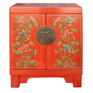 Chinese Oriental Distressed Orange Red Flower End Table Nightstand cs4552S