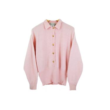 Vintage Pink Fuzzy Angora Mohair Polo l/s Knit Sweater size Medium 