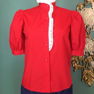 1980s blouse, puff sleeve blouse, red cotton blouse, size medium, vintage 80s blouse, mock neck skirt, puff shoulders, 34 36 bust, lace trim 