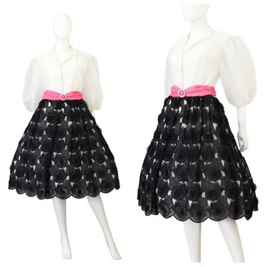 1950s Black &amp; White Balloon Sleeve Dress - 1950s New Look Dress - 50s Floral Dress - Vintage Balloon Sleeve Dress - 50s Dress | Size Medium 