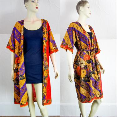 Vintage cotton bathrobe, beachwear or long cardigan sz small, red black and purple boho block print lightweight robe tie belt bohemian style 