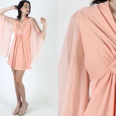 Peach Kimono Sleeve Mini Dress / Chiffon Teardrop Angel Sleeves / Vintage Womens 70s Beaded Gypsy Jersey Short Dress 