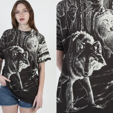 1992 National Wildlife Animal Shirt / All Over Print Single Stitch Tee / Black White Wolf Drawing / 90s Nature 50 50 T Shirt Medium 