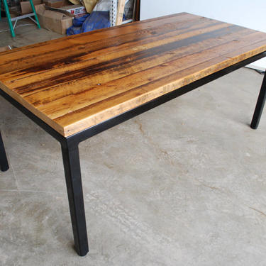 Rustic Dining table with reclaimed wood top and painted steel base in standard 1.65&amp;quot; top  in your choice of color, size and finish. 