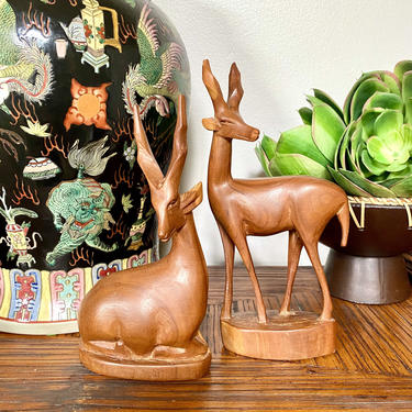Wood Carved Sculpture Gazelle pair 