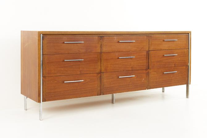 Paul McCobb Style Lane Mid Century Walnut and Chrome 9 Drawer Lowboy Dresser - mcm 