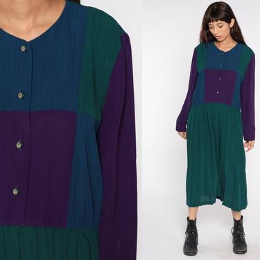 Color Block Dress 80s Long Sleeve Button Up Dress Ankle Length 90s Green Purple Grunge Low Waisted Vintage Retro Blue Leslie Fay Large 