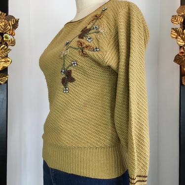 80s mustard sweater, 1950s style sweater, vintage 80s sweater, rhinestone sweater, size medium, embroidered sweater, dolman sleeve, 36 bust 