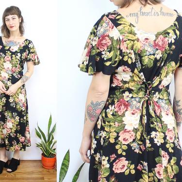 Vintage 90's Rose Print Midi Dress / 1990's Floral Dress / Flutter Sleeves / Women's Size Medium 