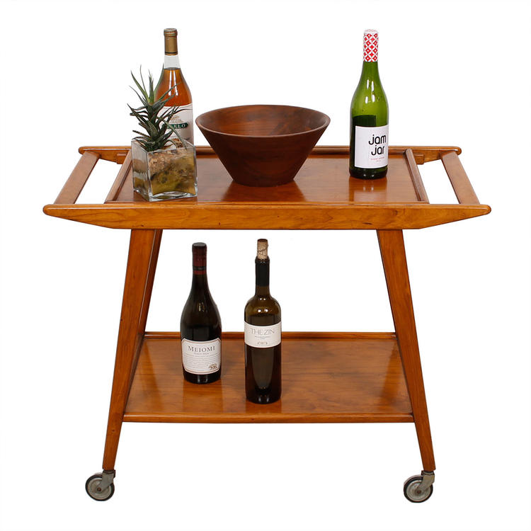 Exotic Wood 2-Tier Rolling Bar Cart w / Removable Serving Shelf / Tray