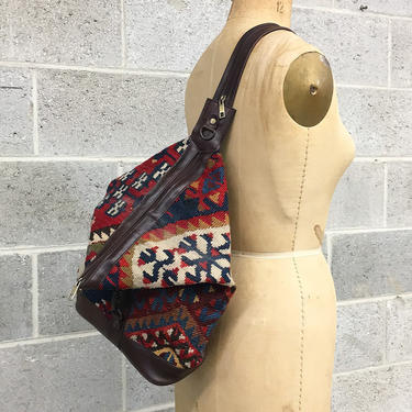Vintage Kilim Backpack Retro 1990s Turkish Carpet Bag + Crossbody + Bohemian Print + Brown Pleather + Tapestry Fabric + Womens Accessory 