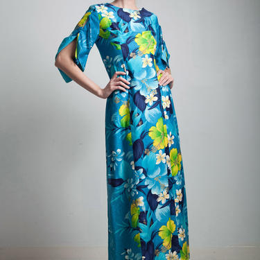 blue hawaiian floral maxi dress 70s vintage cotton split funnel sleeves ankle length SMALL S 