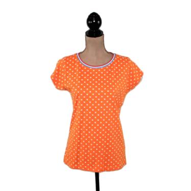 Short Sleeve Orange TShirt Women, White & Orange Top, Crown Print Blouse, Casual Cotton Novelty Shirt, Crew Neck Ringer Tee, Small Medium 