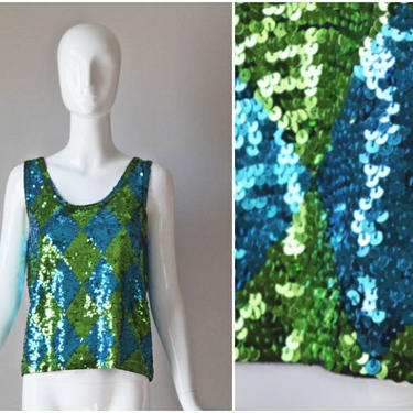 vtg 90s Elenor Brenan blue + green sequin top | sleeveless diamond harlequin top 1990s | size P womens cotton knit shirt sequins embellished 
