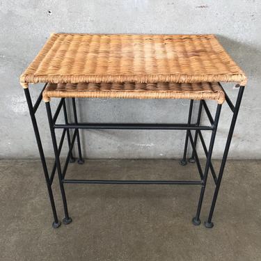 Arthur Umanoff Style Mid Century Wicker &amp; Iron End Tables