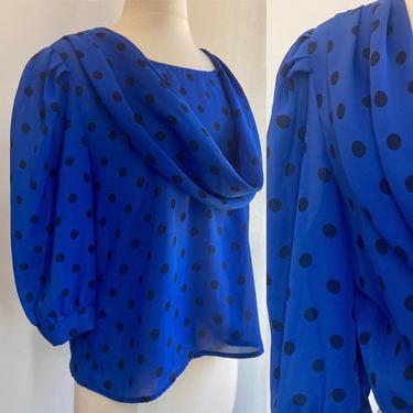 80's Vintage FRITZI POLKA-DOT New Wave Blouse / Electric Cobalt Blue + Drape Detail + Puff Sleeves 