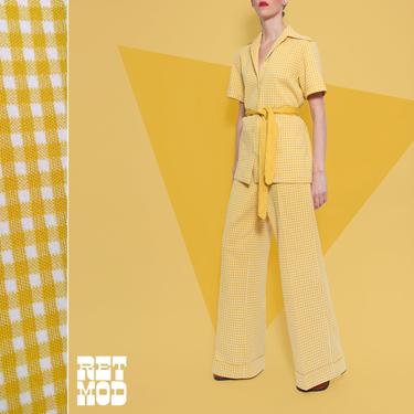 Chic Vintage 70s Mustard Yellow Gingham Plaid Two-Piece Short Sleeve Pants Suit Set 
