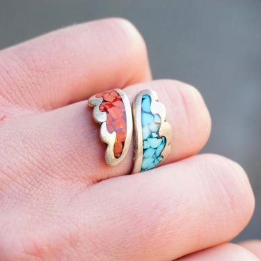 Vintage Turquoise &amp; Coral Mosaic Ring, Silver Wrap Ring With Inlaid Turquoise And Coral, Adjustable Silver Ring, Native American Jewelry 