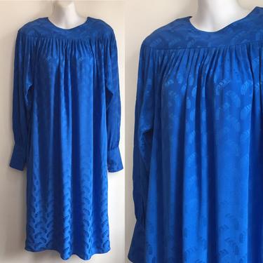 Vintage 70's 80's SILK SMOCKED DRESS by Argenti / Huge Cuffs / Pretty Classic Royal Blue / Pockets / Made in Hong Kong 