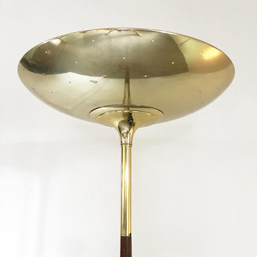 vintage mid century Lightolier brass walnut torchiere floor lamp 