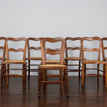 Late 19th Century Set of 8 Petite Country French Provincial Oak Cane Dining Chairs 