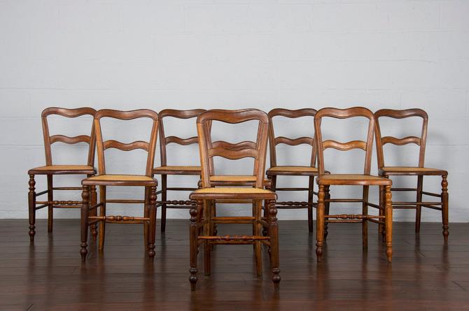 Late 19th Century Set of 8 Petite Country French Provincial Oak Cane Dining Chairs 