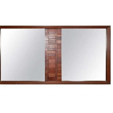 Mid Century Modern Large Walnut Brutalist Cubist Sculpted Double Wall Mirror (PureVintageNYC) 