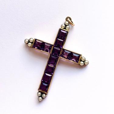 Large Antique Victorian Faux Amethyst Paste Seed Pearl Gilt Metal Cross Pendant 