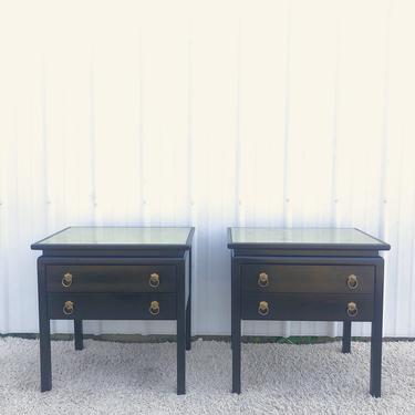 Pair MCM Black Nightstands with Mirrored Tops