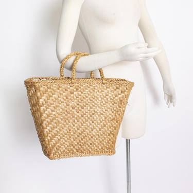 Vintage Basket Purse - 1960s Woven Straw Brown Top Handel Market Tote Bag 60s 