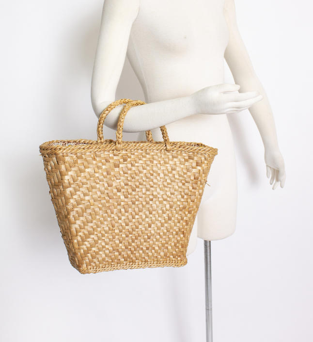 Vintage Basket Purse - 1960s Woven Straw Brown Top Handel Market Tote Bag 60s 