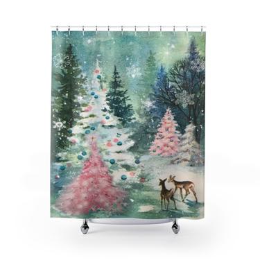 Pink Christmas Holiday Reinder Christmas Trees Shower Curtain 