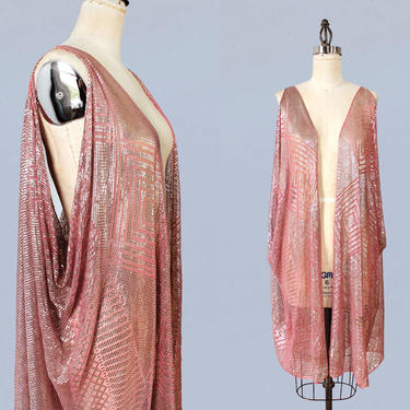 RARE!! 1920s PINK Assuit Jacket / Antique 20s Hammered Metal Sleeveless Evening Jacket / Geometric Shapes / Egyptian Revival 