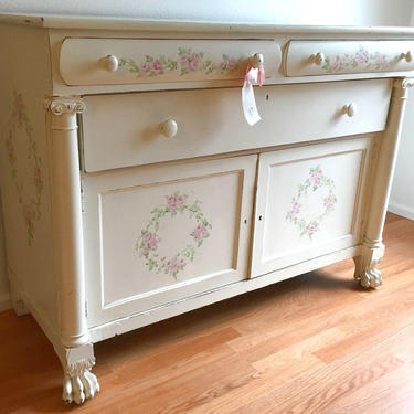 White Hand Painted Claw Foot Buffet w/ Vintage Roses Jo-Anne Coletti Shabby Chic Pink Green Floral Dresser Victorian French Country Wood 