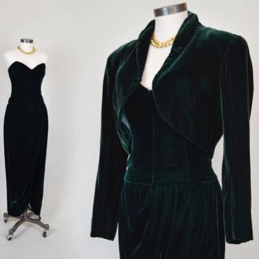 1980's Emerald Green Velvet Gown | Vintage Victor Costa Dress | Velvet Victor Costa Gown 