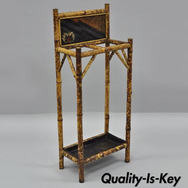 Antique Oriental Charred Burned Bamboo Umbrella Cane Hall Stand Paint Decorated