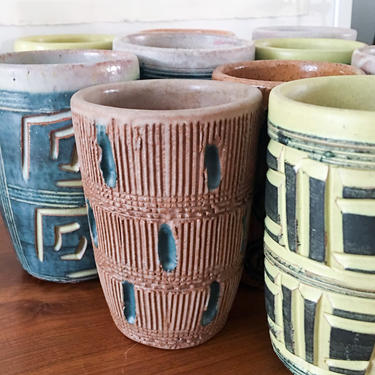 1940s Puerto Rico Large Group of Hal Lasky Puerto Rican Pottery Corp Tumblers Handmade Tiki Mugs Bar Collectible Sgraffito 