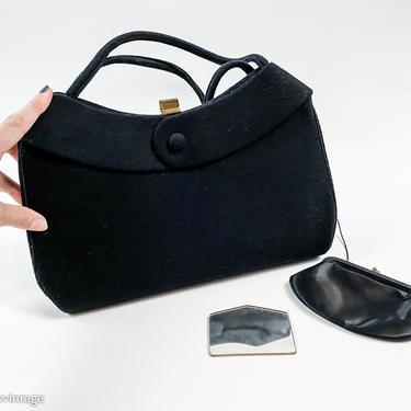 1950s Black Wool Evening Handbag | 50s Black Wool Felt Handbag | Bobbie Jerome 